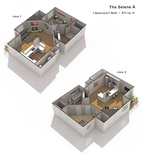 Floor plan for 1 bed, 1 bath, 671 sqft